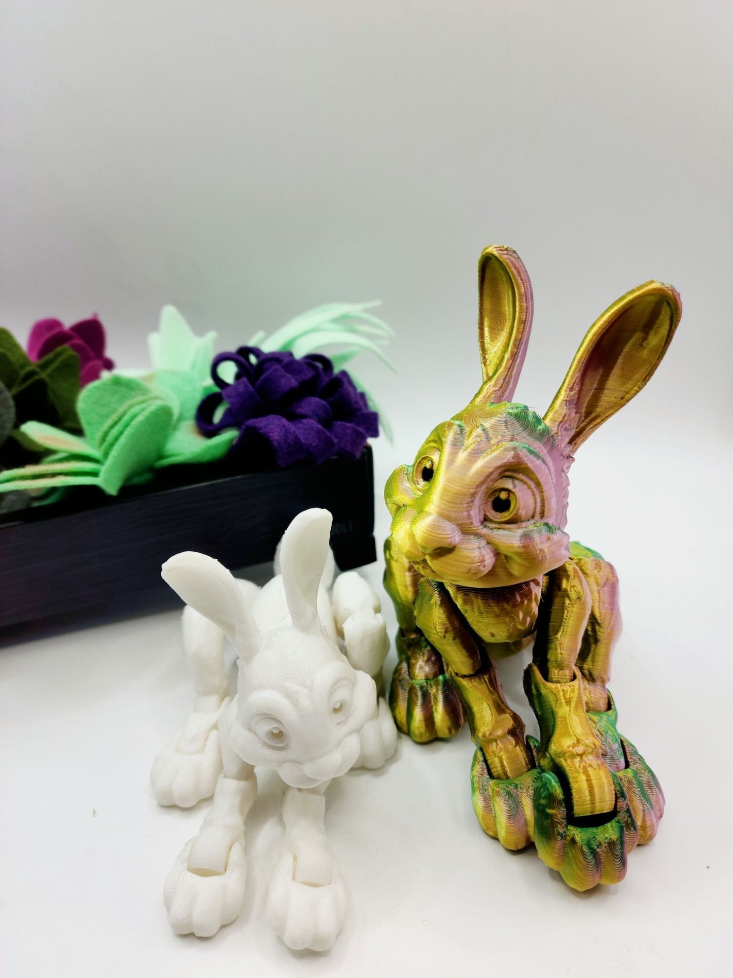 3D printed articulate bunny rabbit fidget toy. Sensory toy, desktop toy.