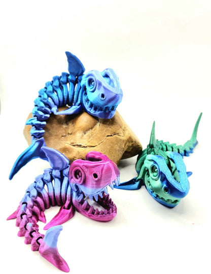 3D printed articulated skeleton shark with movable mouth. Fidget sensory toy, desktop toy.