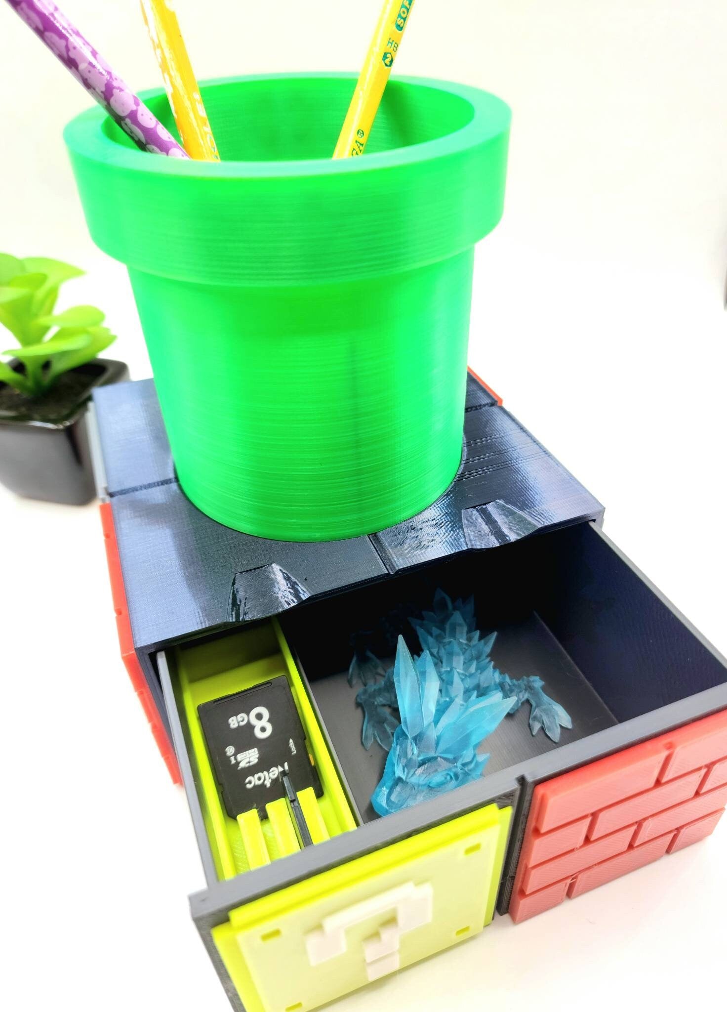 3D printed Super Mario inspired memory card organizer, drawer, pencil holder.