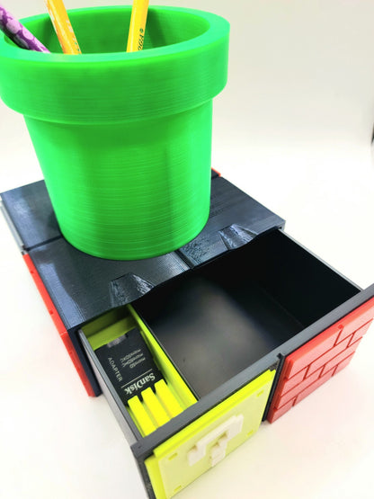 3D printed Super Mario inspired memory card organizer, drawer, pencil holder.