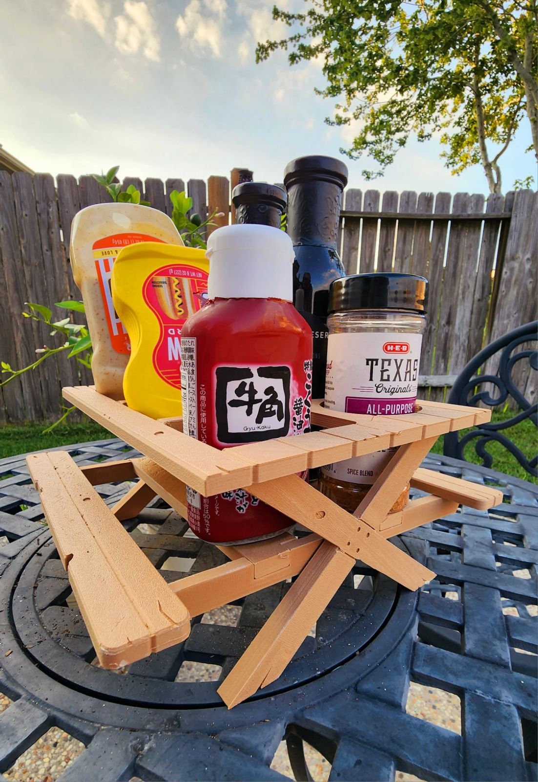 3D printed picnic table condiment holder.