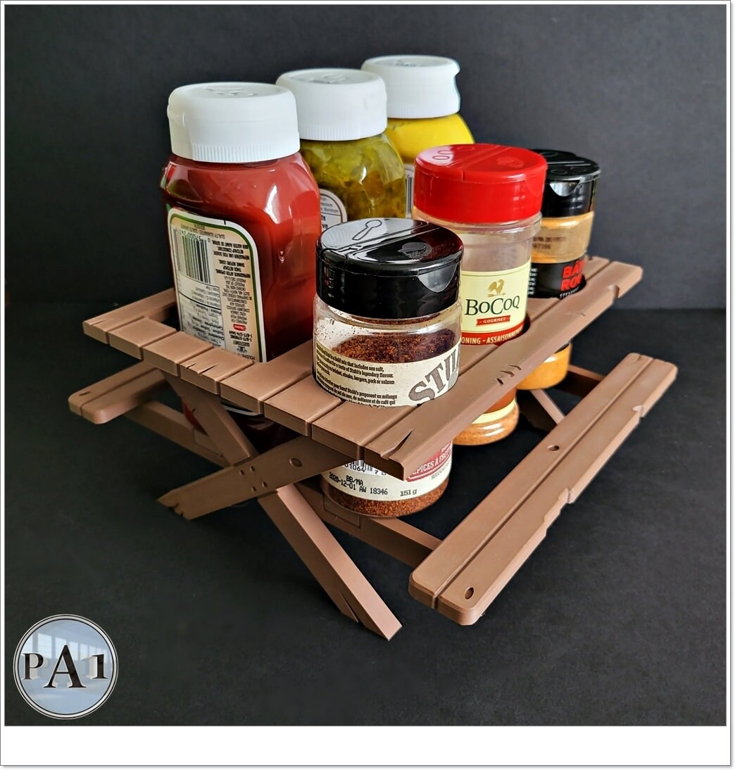 3D printed picnic table condiment holder.