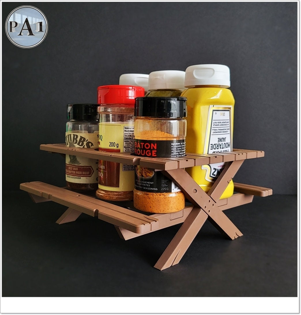 3D printed picnic table condiment holder.