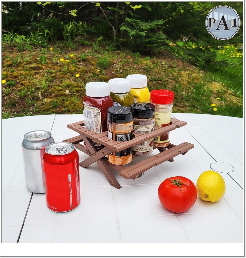 3D printed picnic table condiment holder.