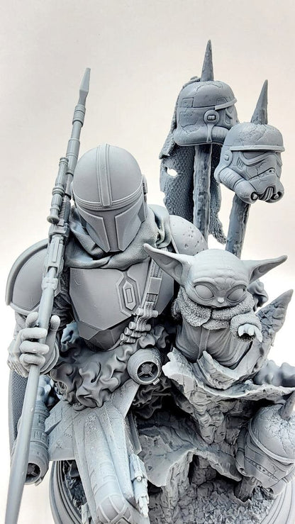 3D 14k resin printed Mandolorian features baby Yoda