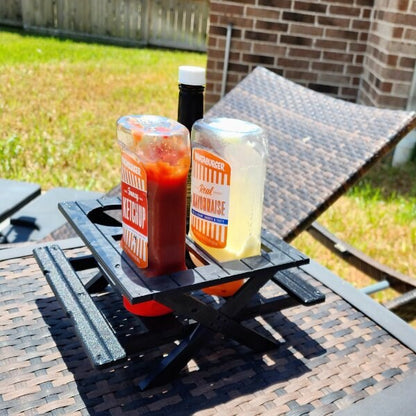 3D printed picnic table condiment holder.