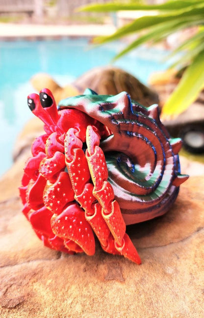 Articulated hermit crab with removable shell. Fidget toy, sensory toy.