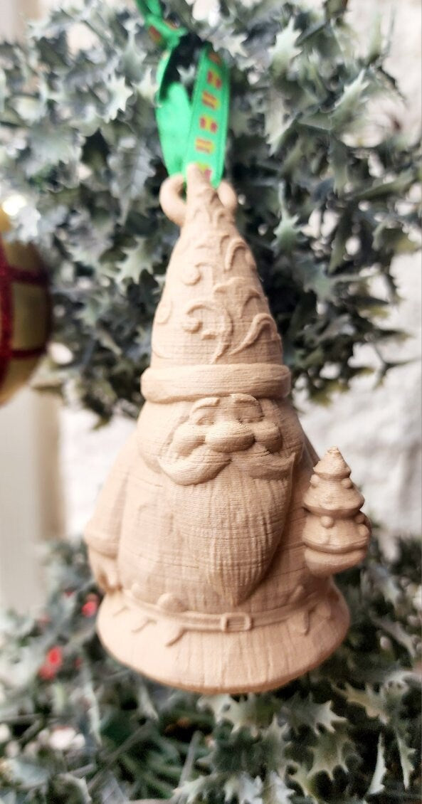 Wood carved Santa Christmas ornament. 3D printed.