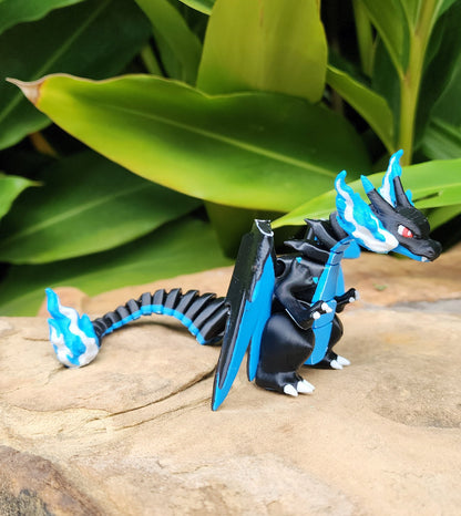 3D printed Mega Charizard X, articulated flexi fidget toy, sensory toy, desktop toy.