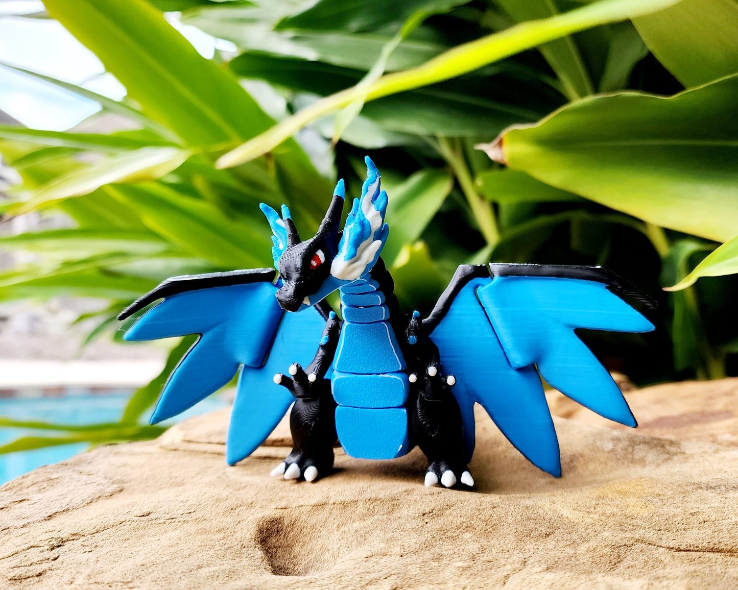 3D printed Mega Charizard X, articulated flexi fidget toy, sensory toy, desktop toy.