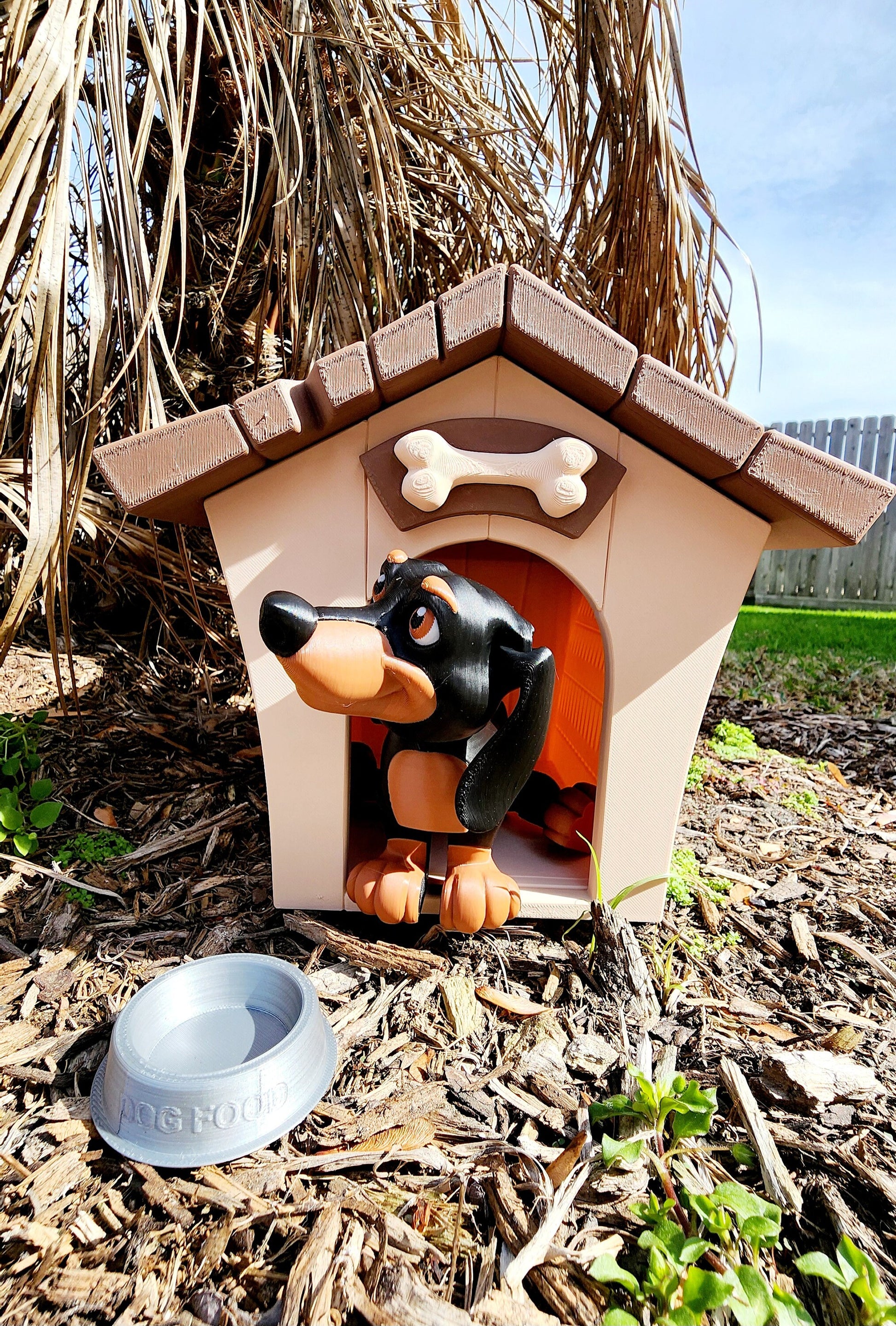 3D printed articulate Dachshund with a Kennel, and bowl. Fidget, sensory toy.