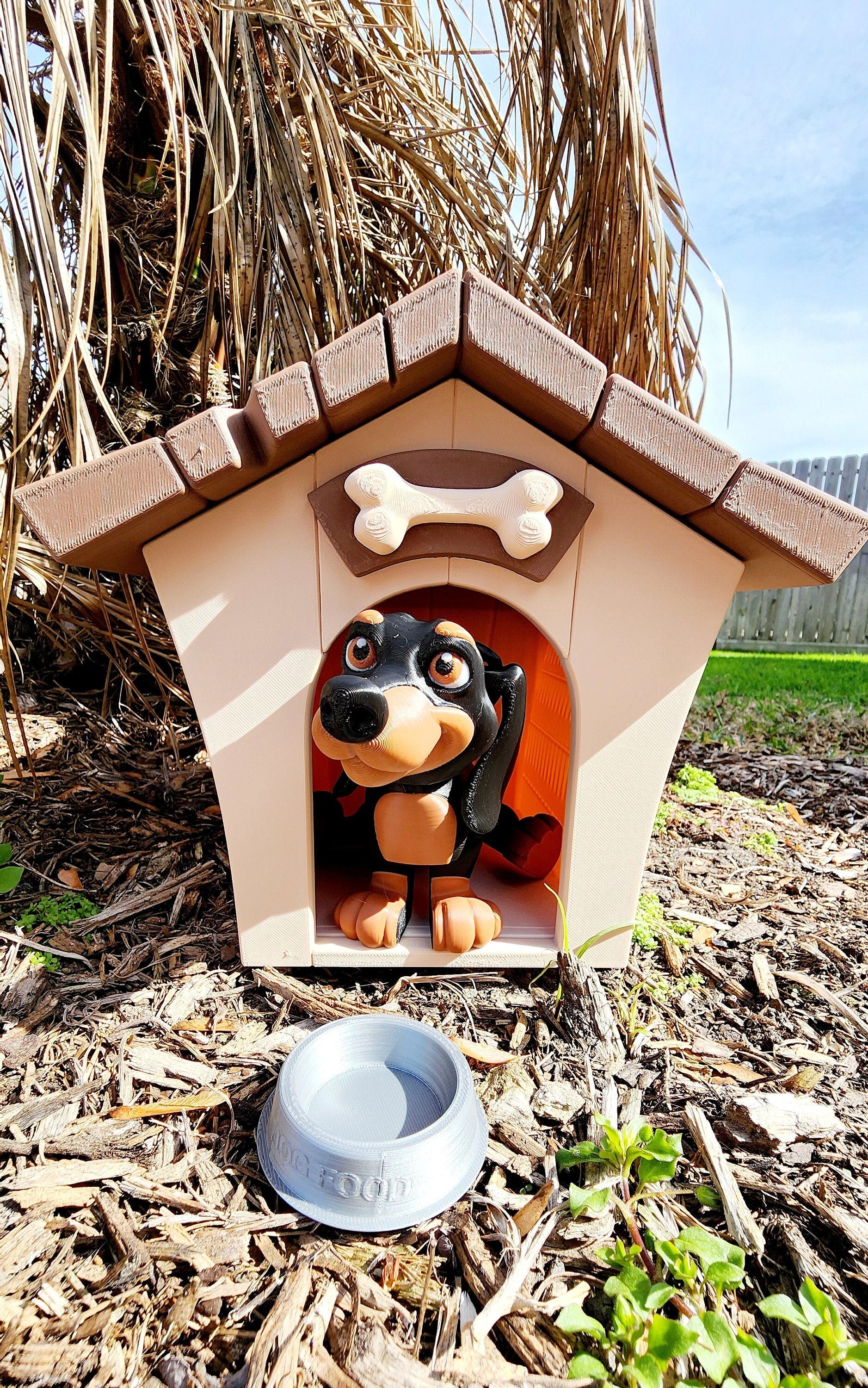 3D printed articulate Dachshund with a Kennel, and bowl. Fidget, sensory toy.