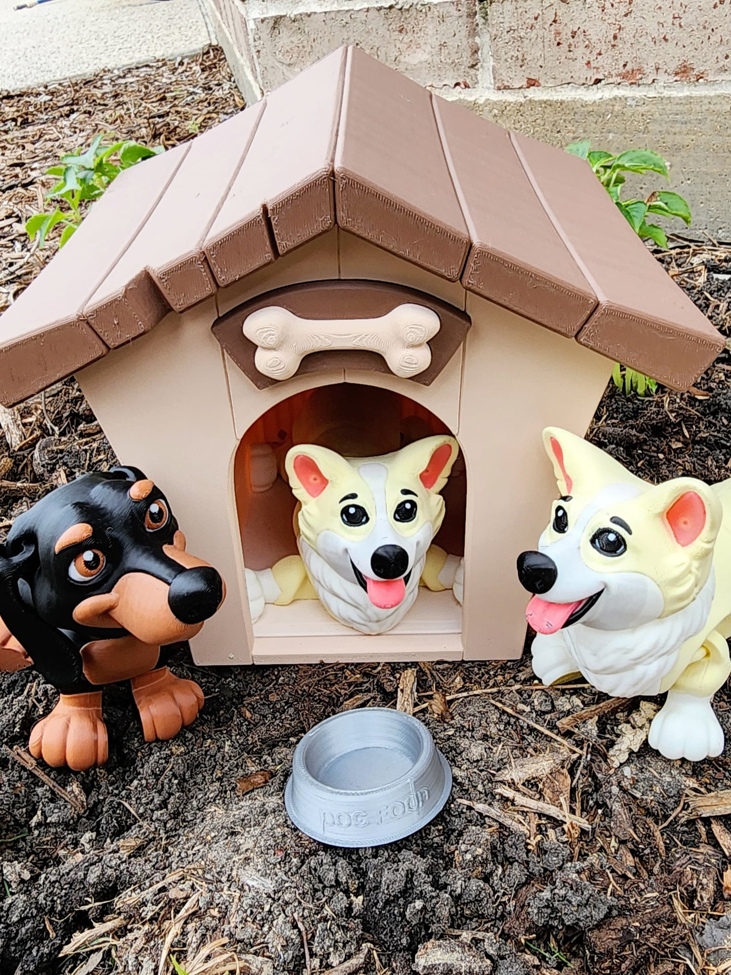 3D printed Corgi articulated fidget toy with Optional Kennel and Dog Bowl.