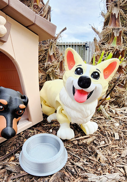 3D printed Corgi articulated fidget toy with Optional Kennel and Dog Bowl.