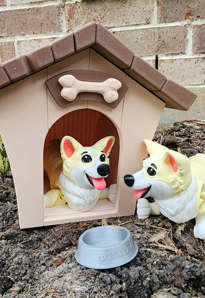 3D printed Corgi articulated fidget toy with Optional Kennel and Dog Bowl.