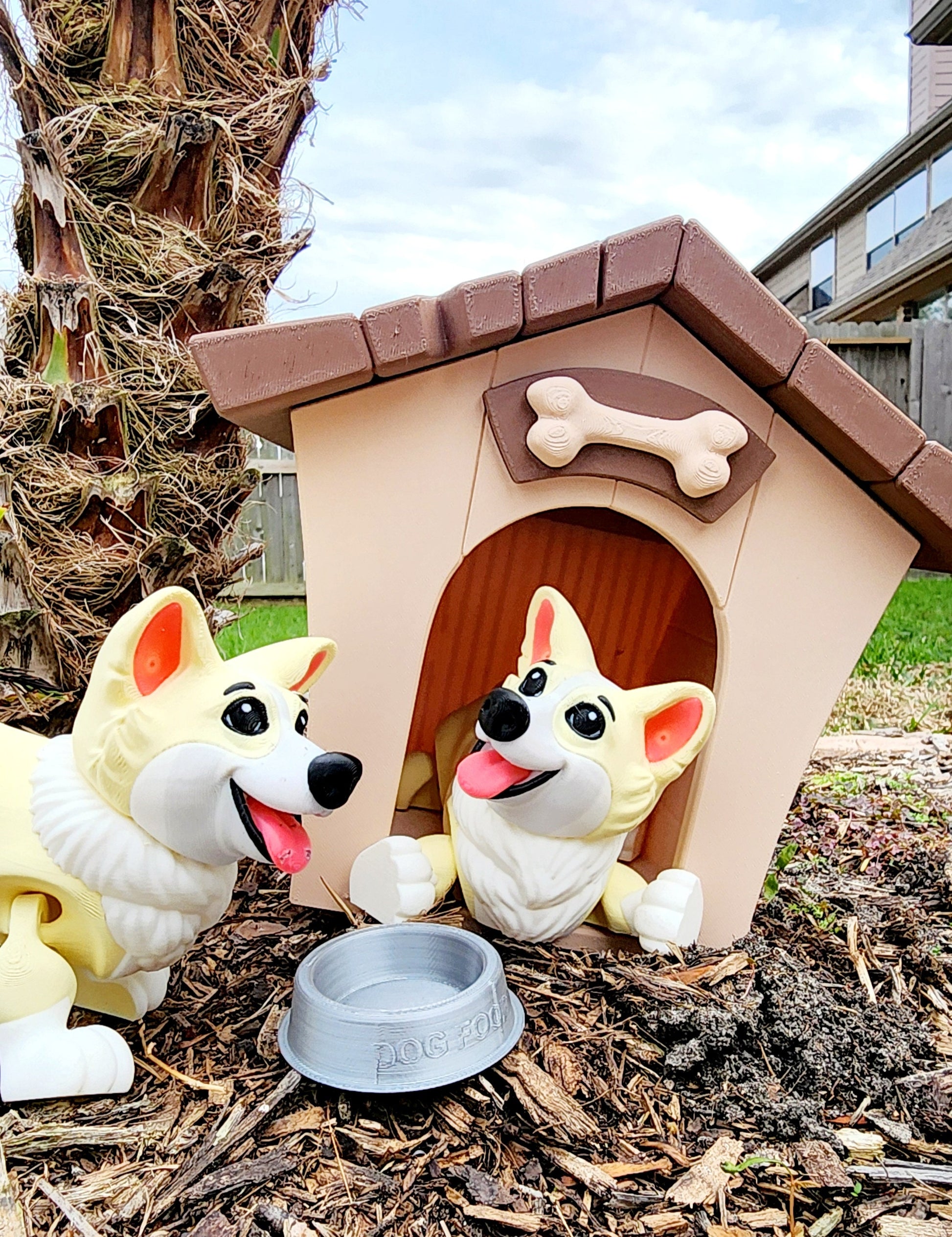 3D printed Corgi articulated fidget toy with Optional Kennel and Dog Bowl.