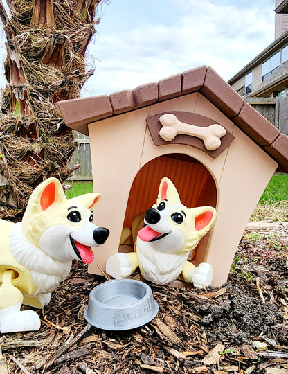 3D printed Corgi articulated fidget toy with Optional Kennel and Dog Bowl.