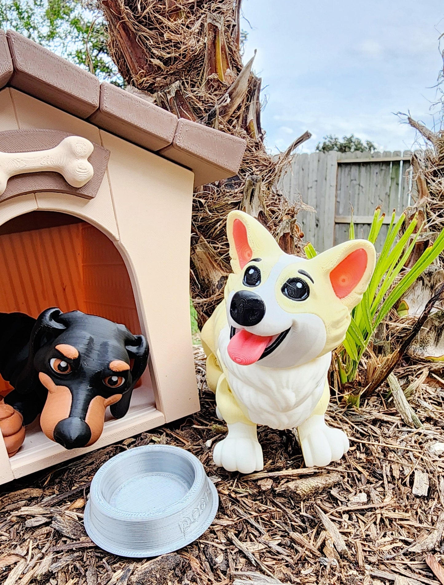 3D printed Corgi articulated fidget toy with Optional Kennel and Dog Bowl.