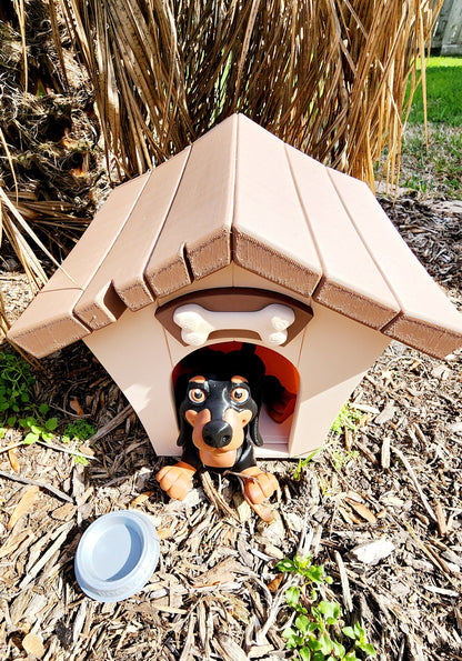 3D printed articulate Dachshund with a Kennel, and bowl. Fidget, sensory toy.