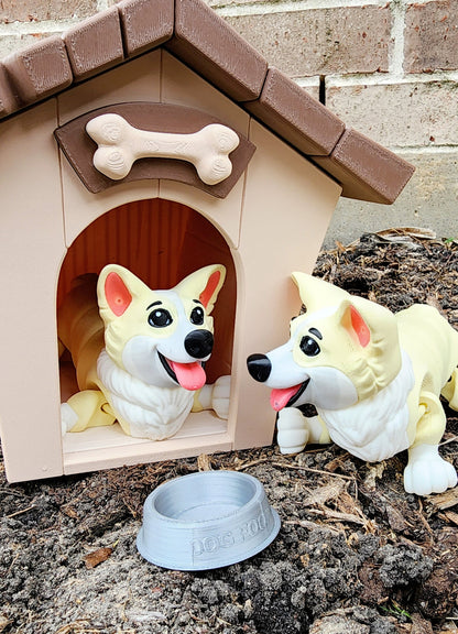 3D printed Corgi articulated fidget toy with Optional Kennel and Dog Bowl.