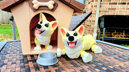 3D printed Corgi articulated fidget toy with Optional Kennel and Dog Bowl.