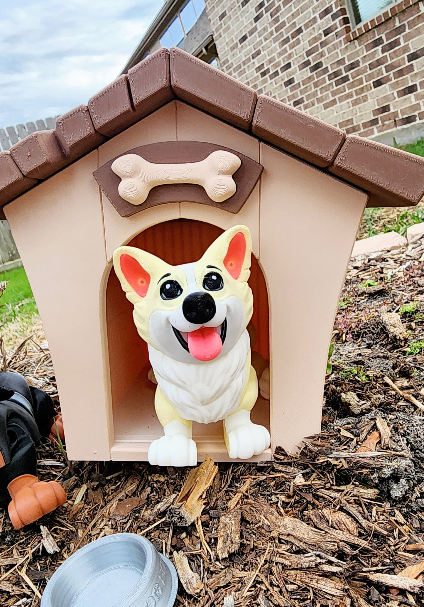 3D printed Corgi articulated fidget toy with Optional Kennel and Dog Bowl.