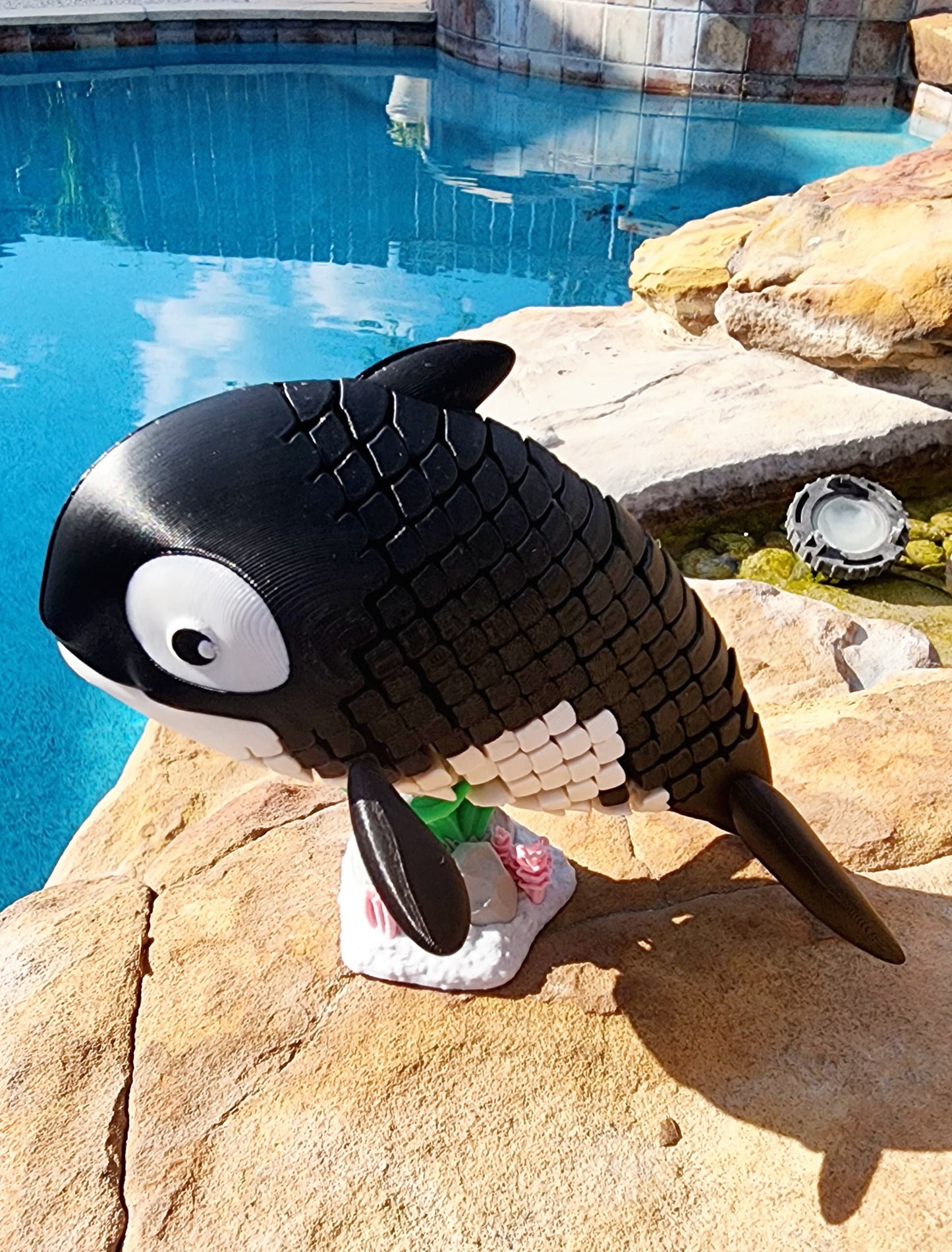 3D printed articulated Orca Whale fidget sensory toy.