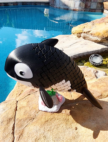 3D printed articulated Orca Whale fidget sensory toy.