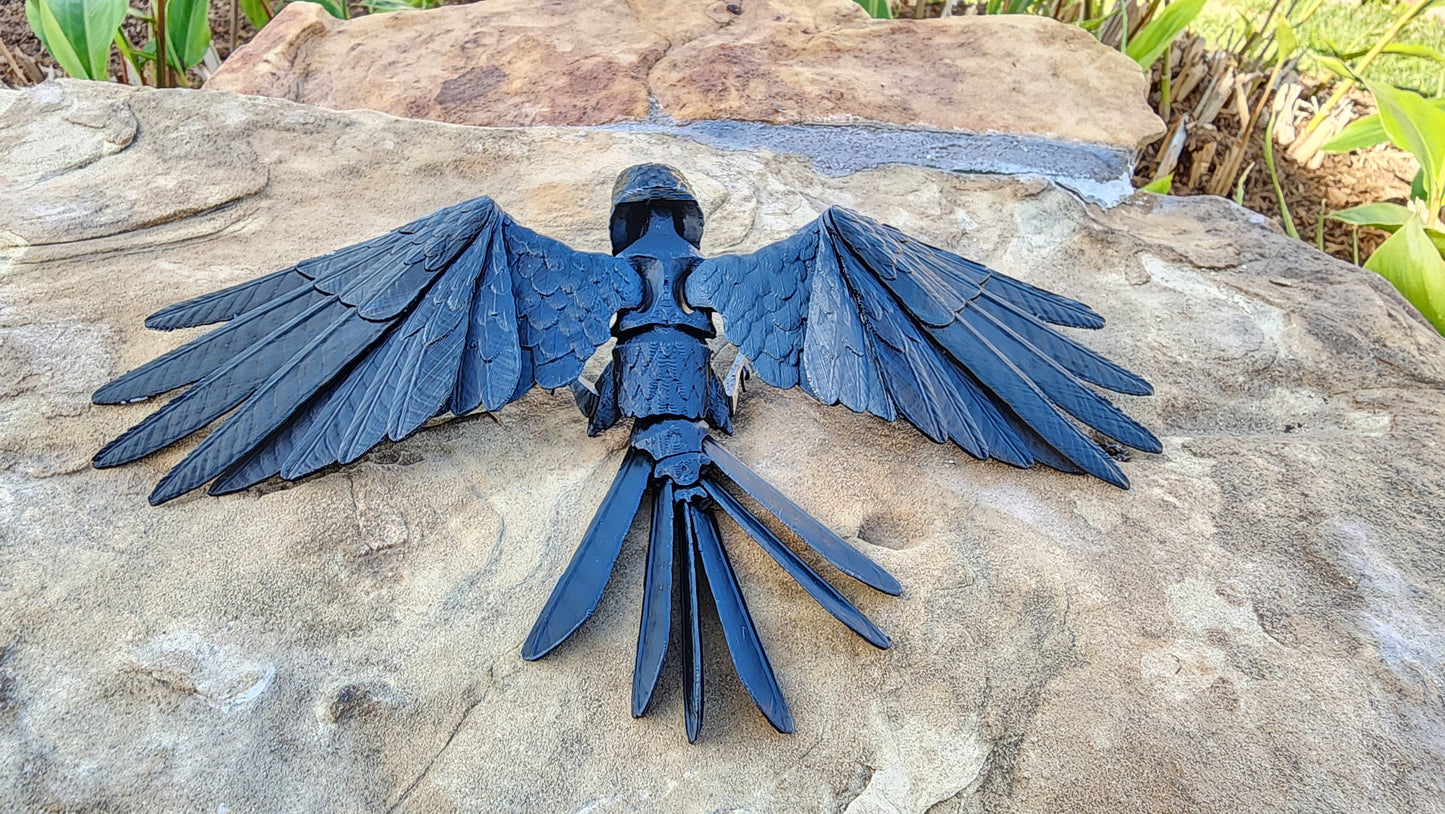 3D printed articulated Raven with articulated wings, fidget, sensory toy with optional skull base.