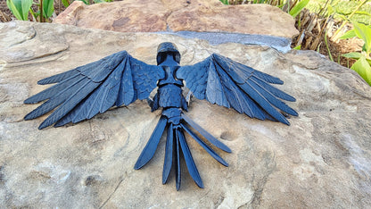 3D printed articulated Raven with articulated wings, fidget, sensory toy with optional skull base.