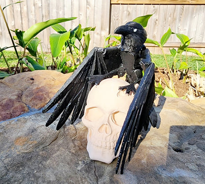 3D printed articulated Raven with articulated wings, fidget, sensory toy with optional skull base.