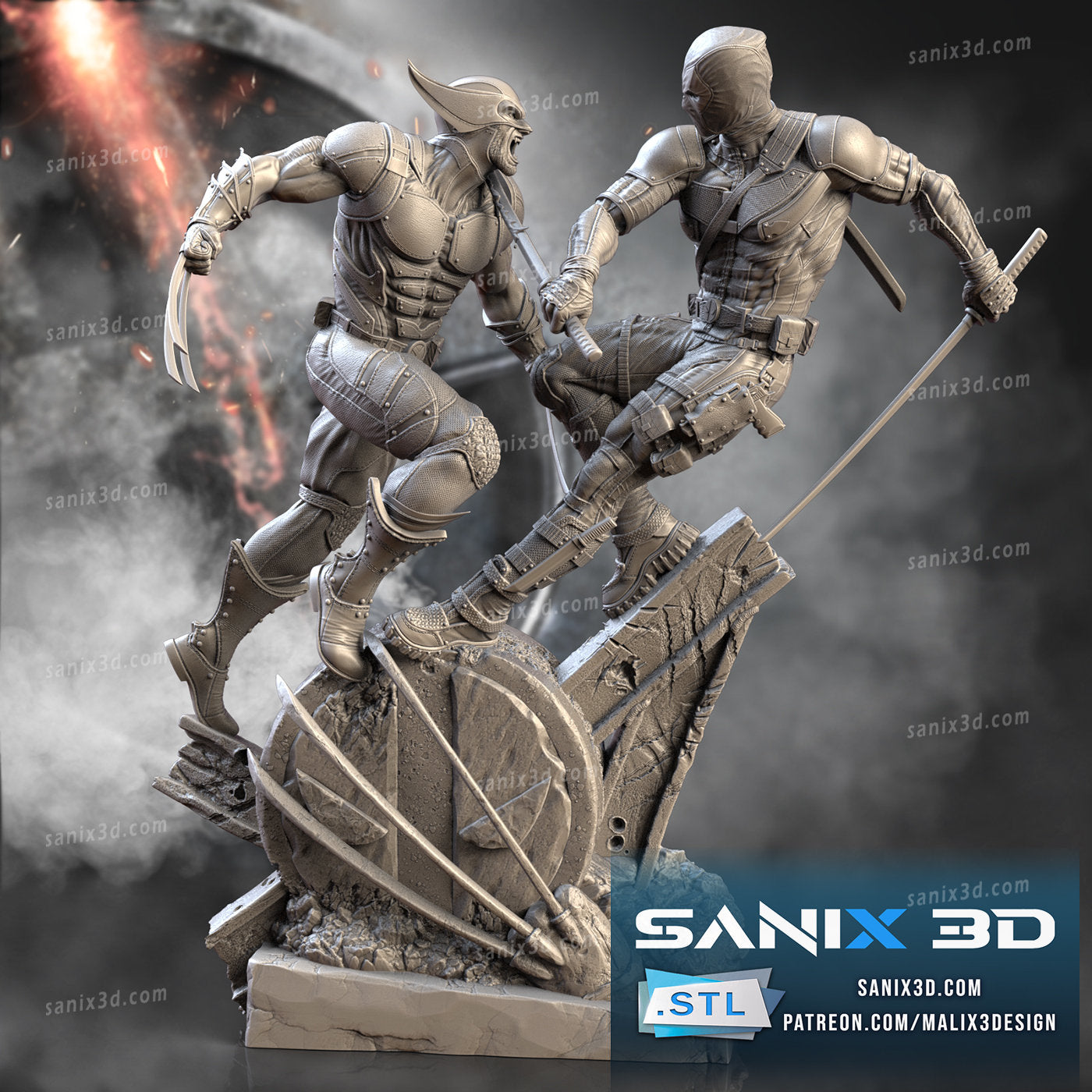 3D 14K resin printed Wolverine vs. Deadpool diorama, statue, desk ornament, toy, decoration. Fan art.