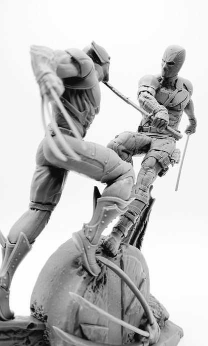 3D 14K resin printed Wolverine vs. Deadpool diorama, statue, desk ornament, toy, decoration. Fan art.