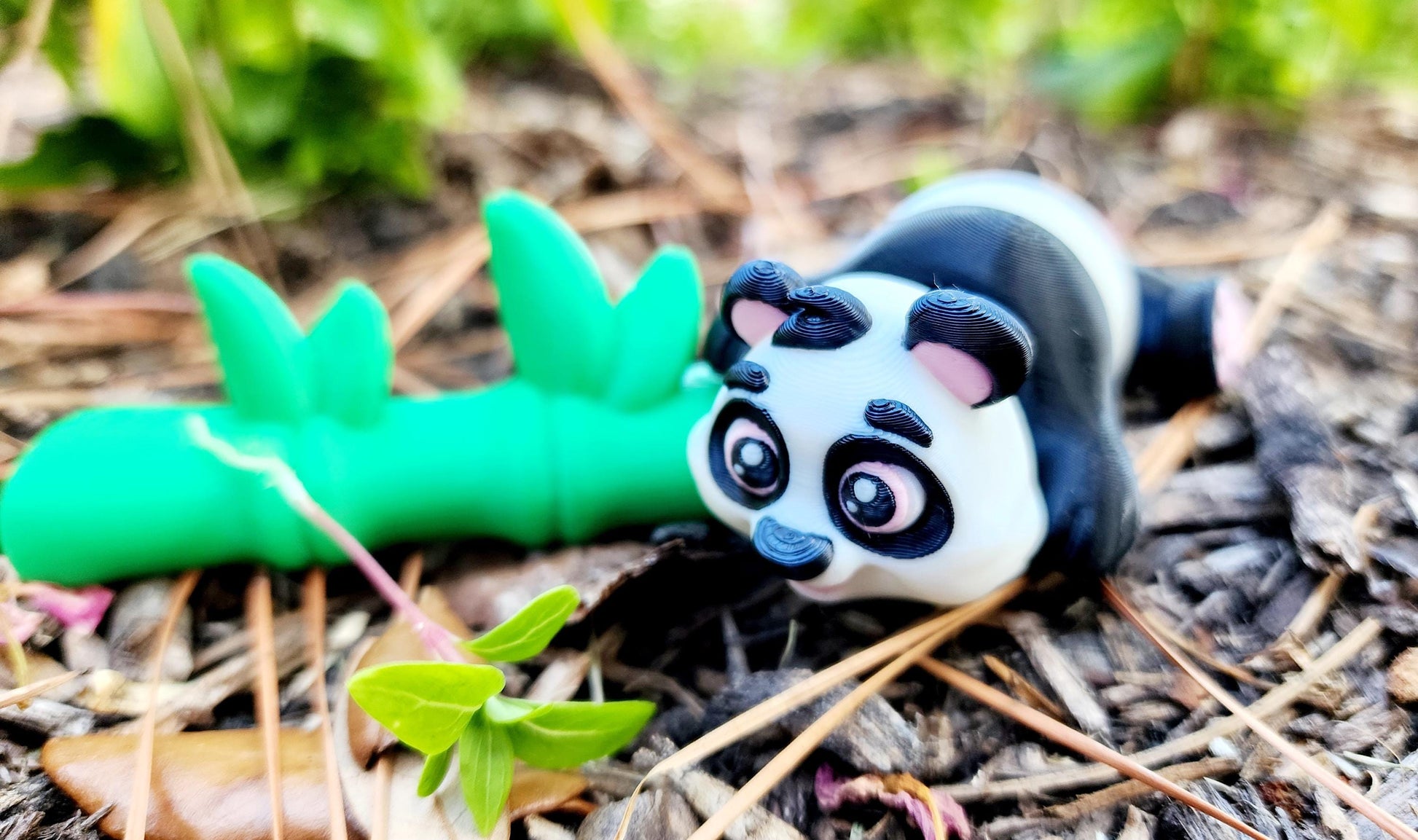 3D printed articulated mini-Panda with bamboo fidget, sensory toy.