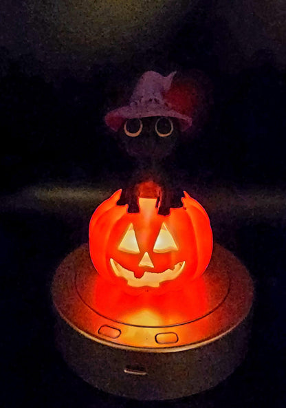 3D printed Witch Cat Jack O Lantern Tea Light ornament, desktop decoration, Halloween decoration.