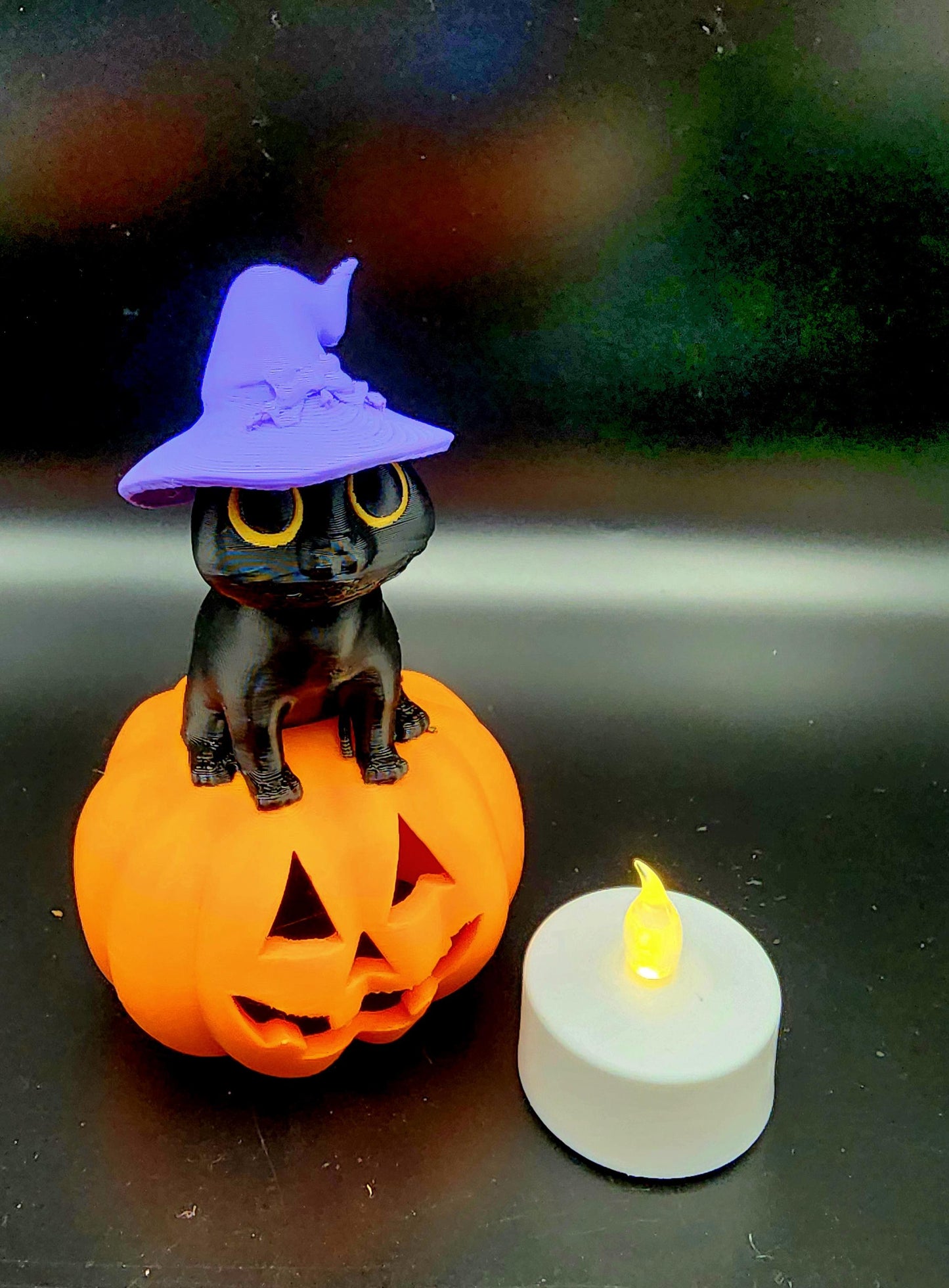 3D printed Witch Cat Jack O Lantern Tea Light ornament, desktop decoration, Halloween decoration.