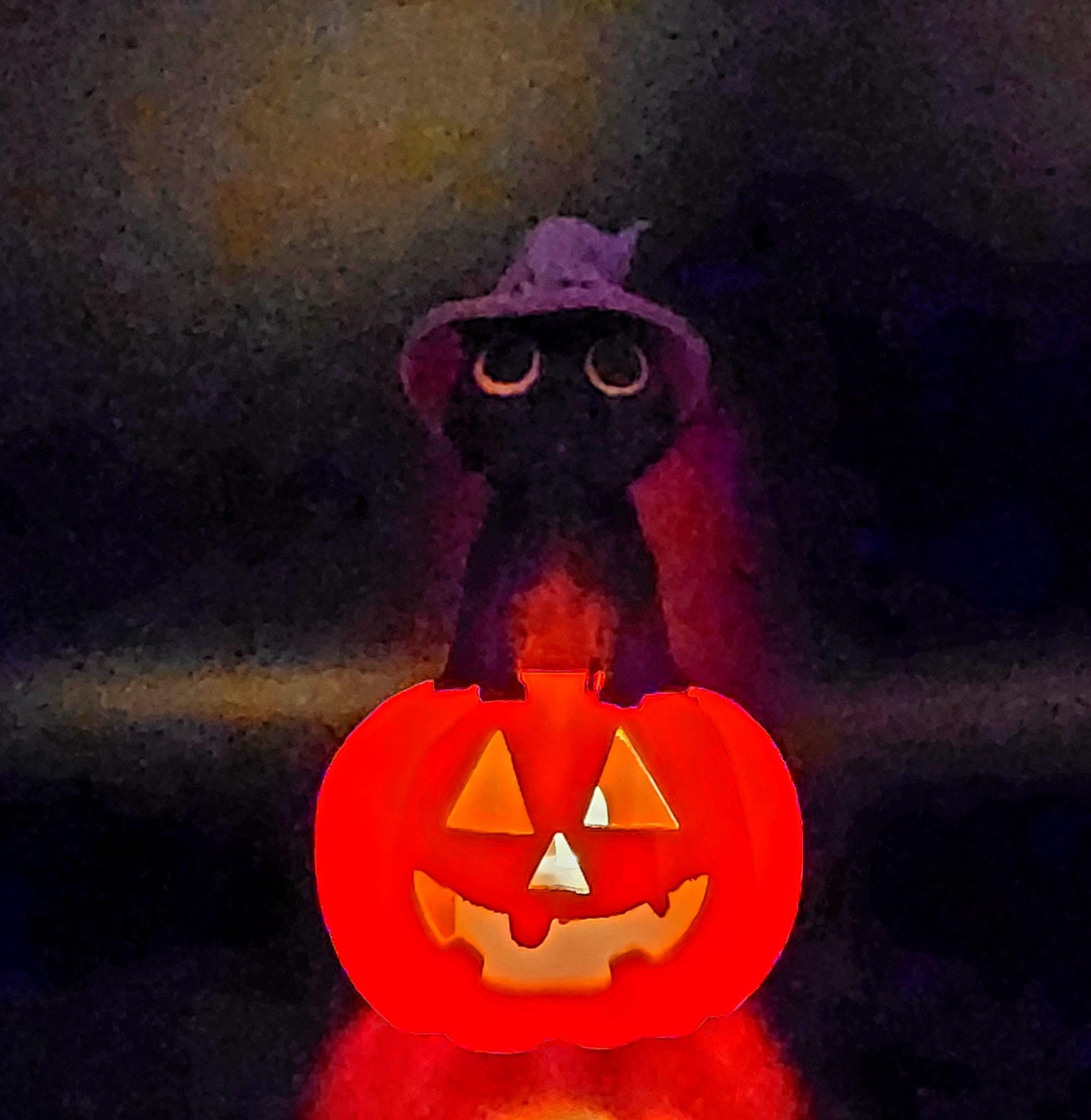 3D printed Witch Cat Jack O Lantern Tea Light ornament, desktop decoration, Halloween decoration.