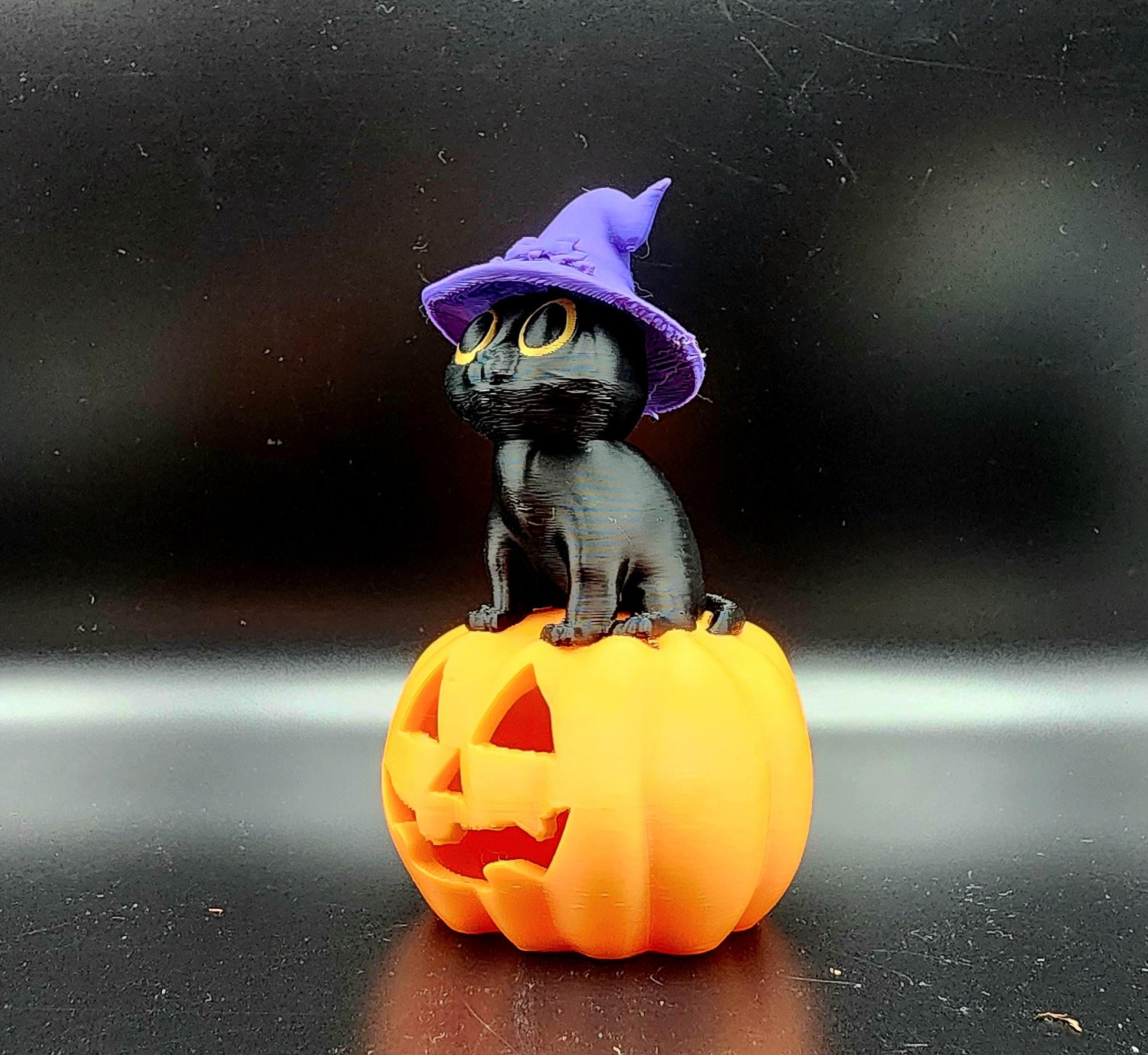 3D printed Witch Cat Jack O Lantern Tea Light ornament, desktop decoration, Halloween decoration.