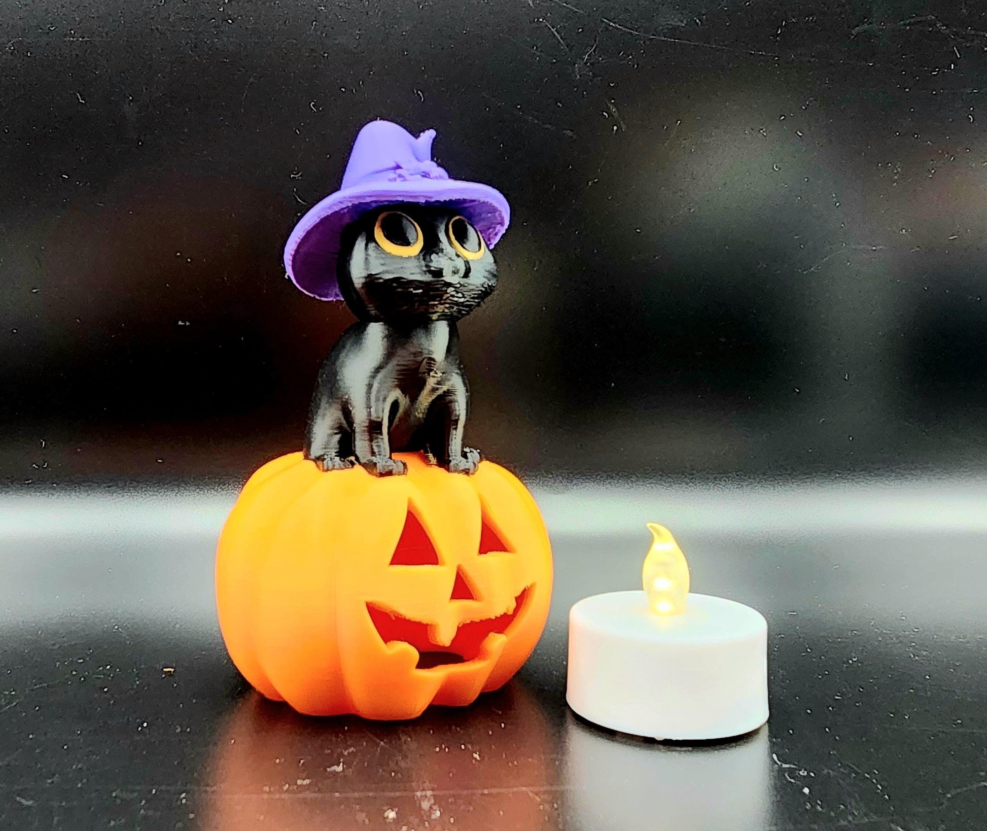 3D printed Witch Cat Jack O Lantern Tea Light ornament, desktop decoration, Halloween decoration.