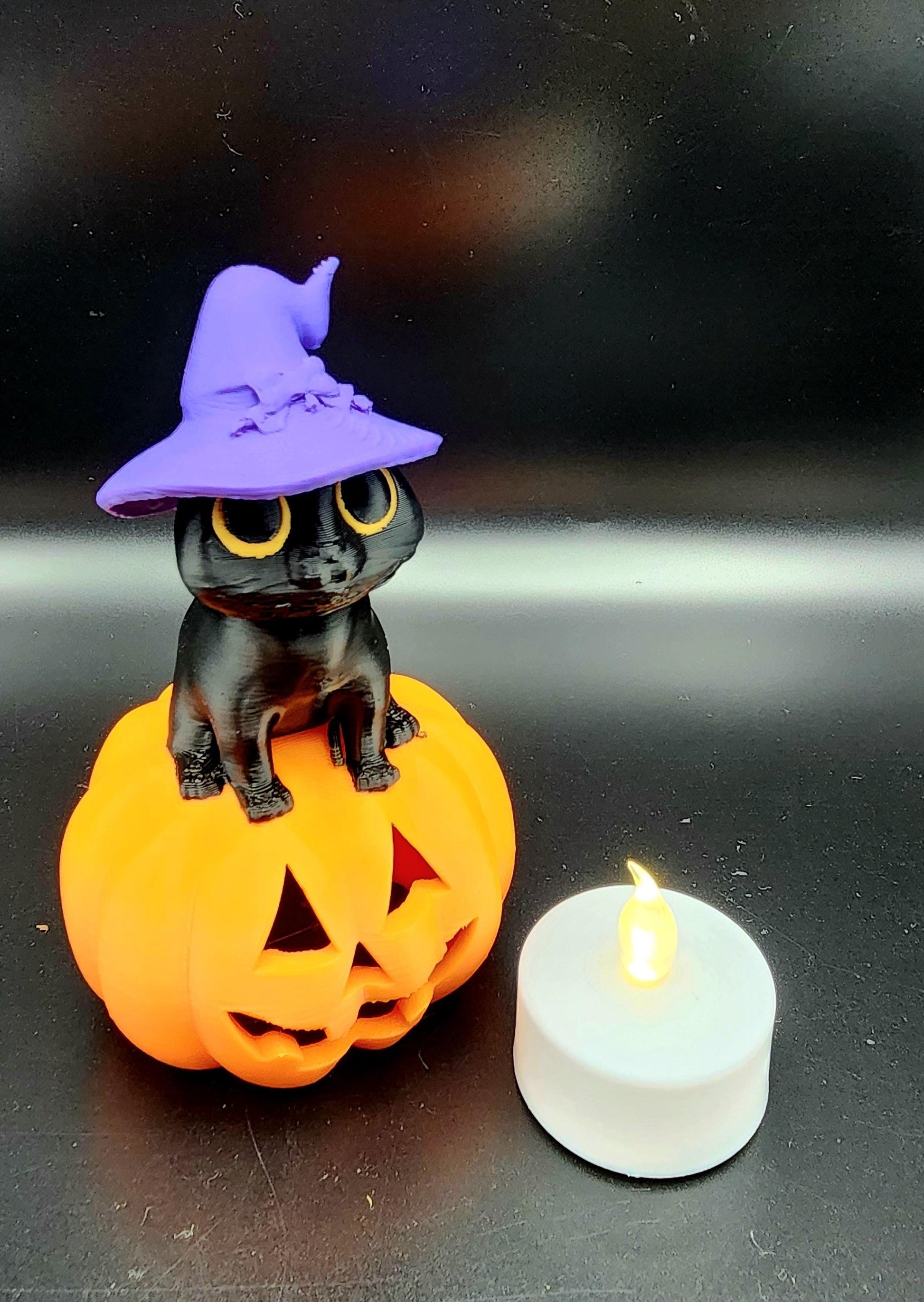 3D printed Witch Cat Jack O Lantern Tea Light ornament, desktop decoration, Halloween decoration.