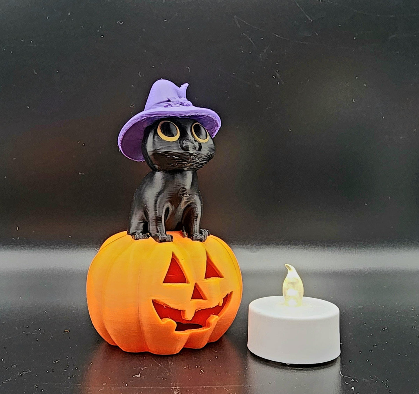 3D printed Witch Cat Jack O Lantern Tea Light ornament, desktop decoration, Halloween decoration.