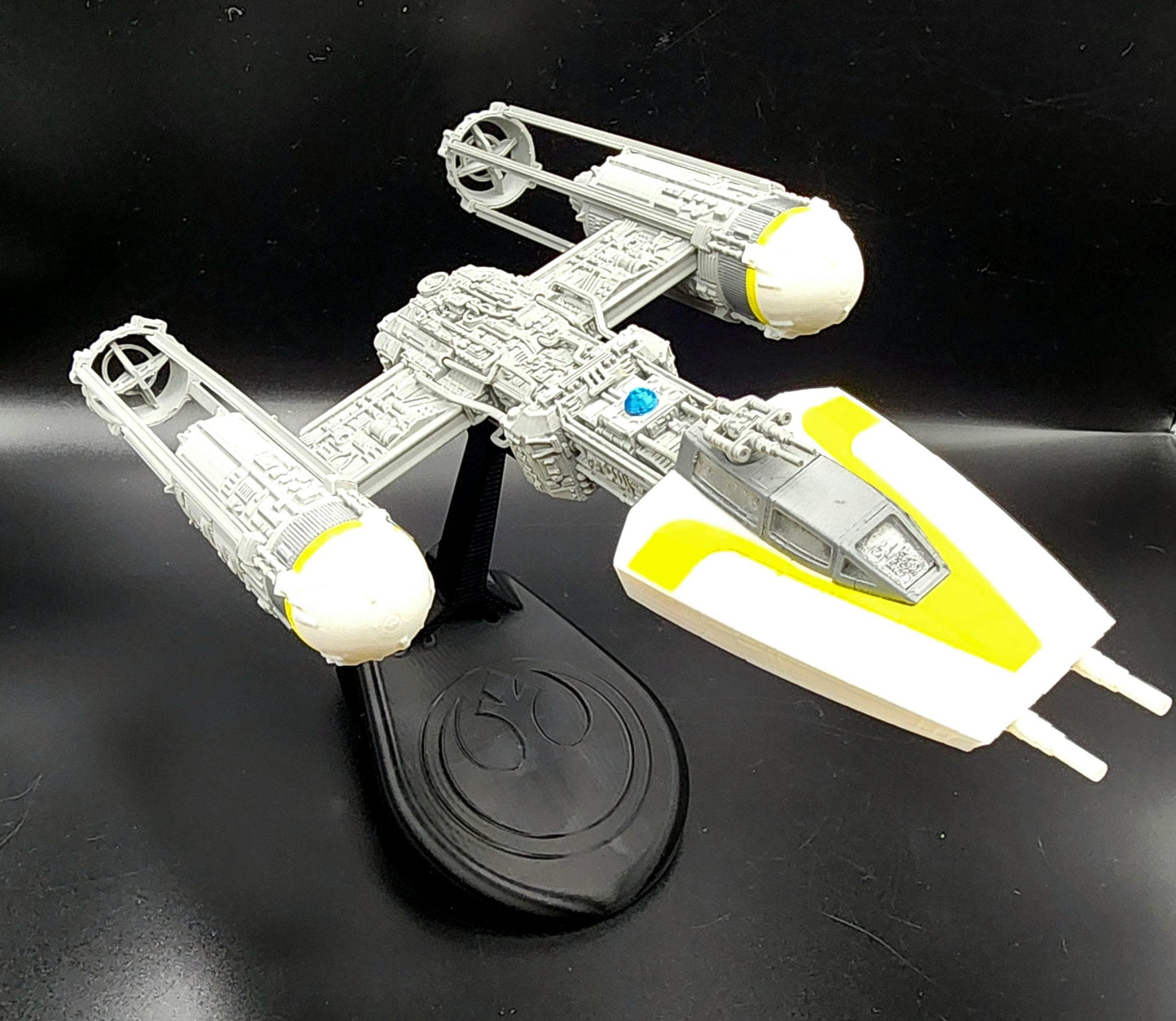 3D printed Y-Wing with custom stand from Star Wars. Action Figure, Desktop Decoration. Fan art.