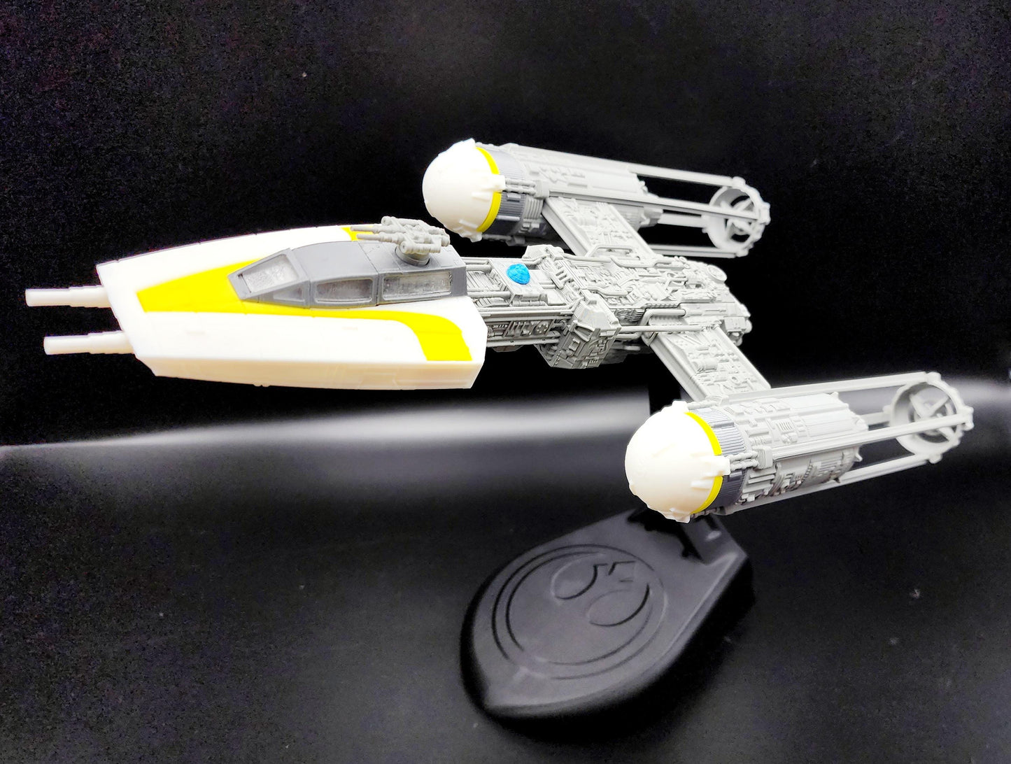 3D printed Y-Wing with custom stand from Star Wars. Action Figure, Desktop Decoration. Fan art.