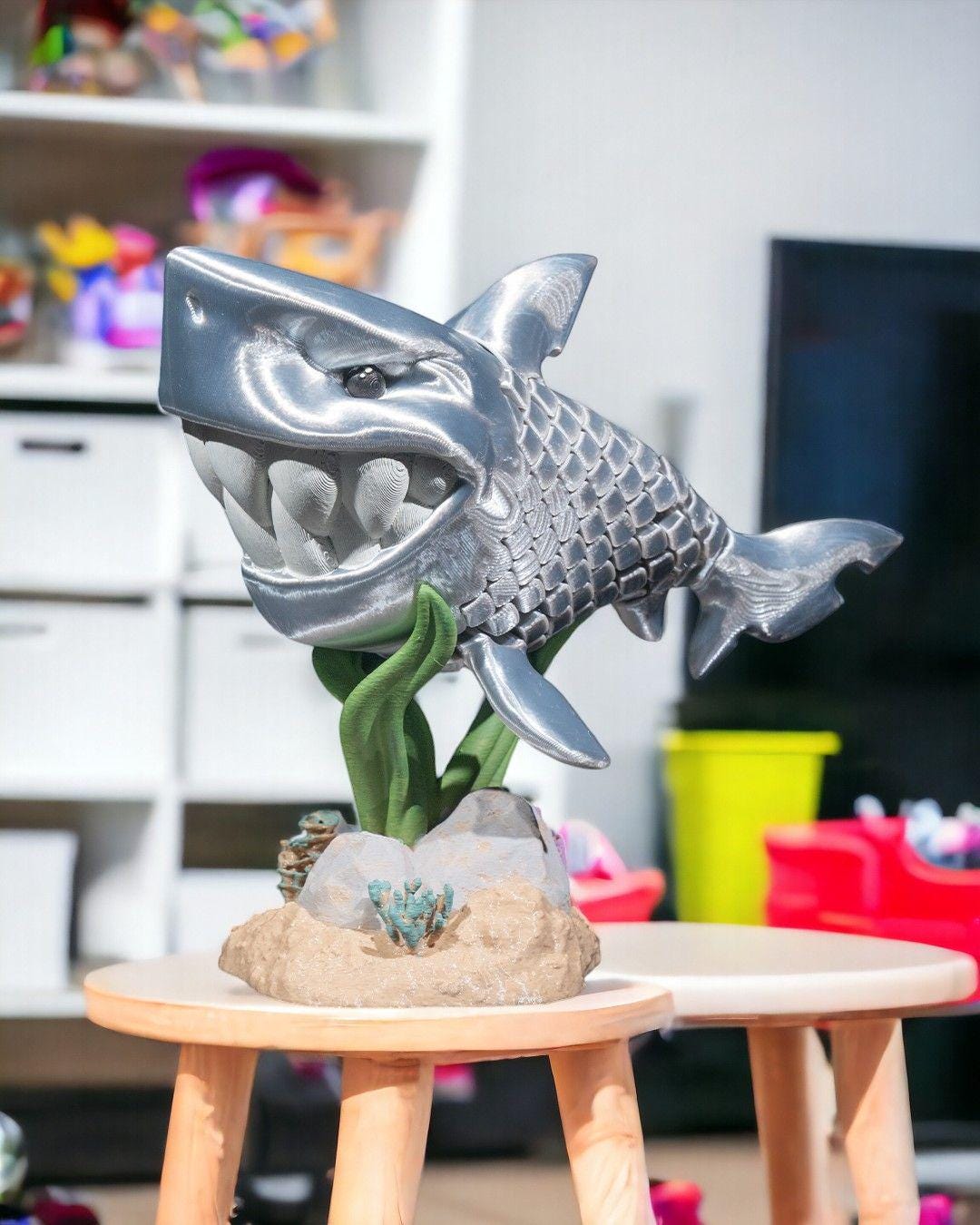 3D printed articulate Great White Shark fidget, sensory toy. Desktop Decoration.