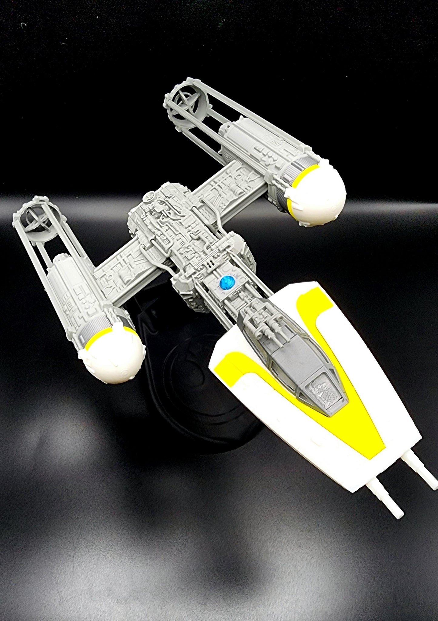 3D printed Y-Wing with custom stand from Star Wars. Action Figure, Desktop Decoration. Fan art.