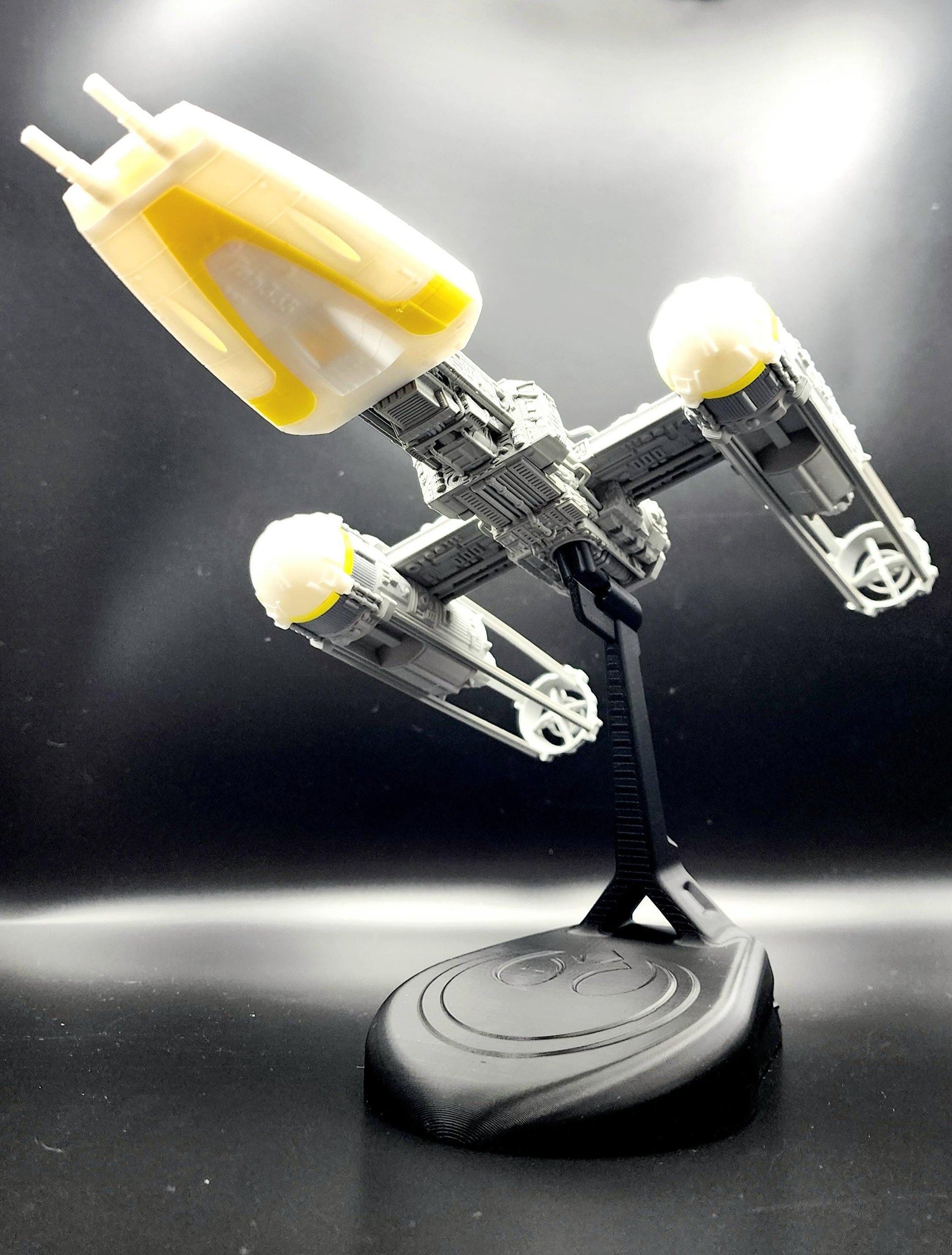 3D printed Y-Wing with custom stand from Star Wars. Action Figure, Desktop Decoration. Fan art.