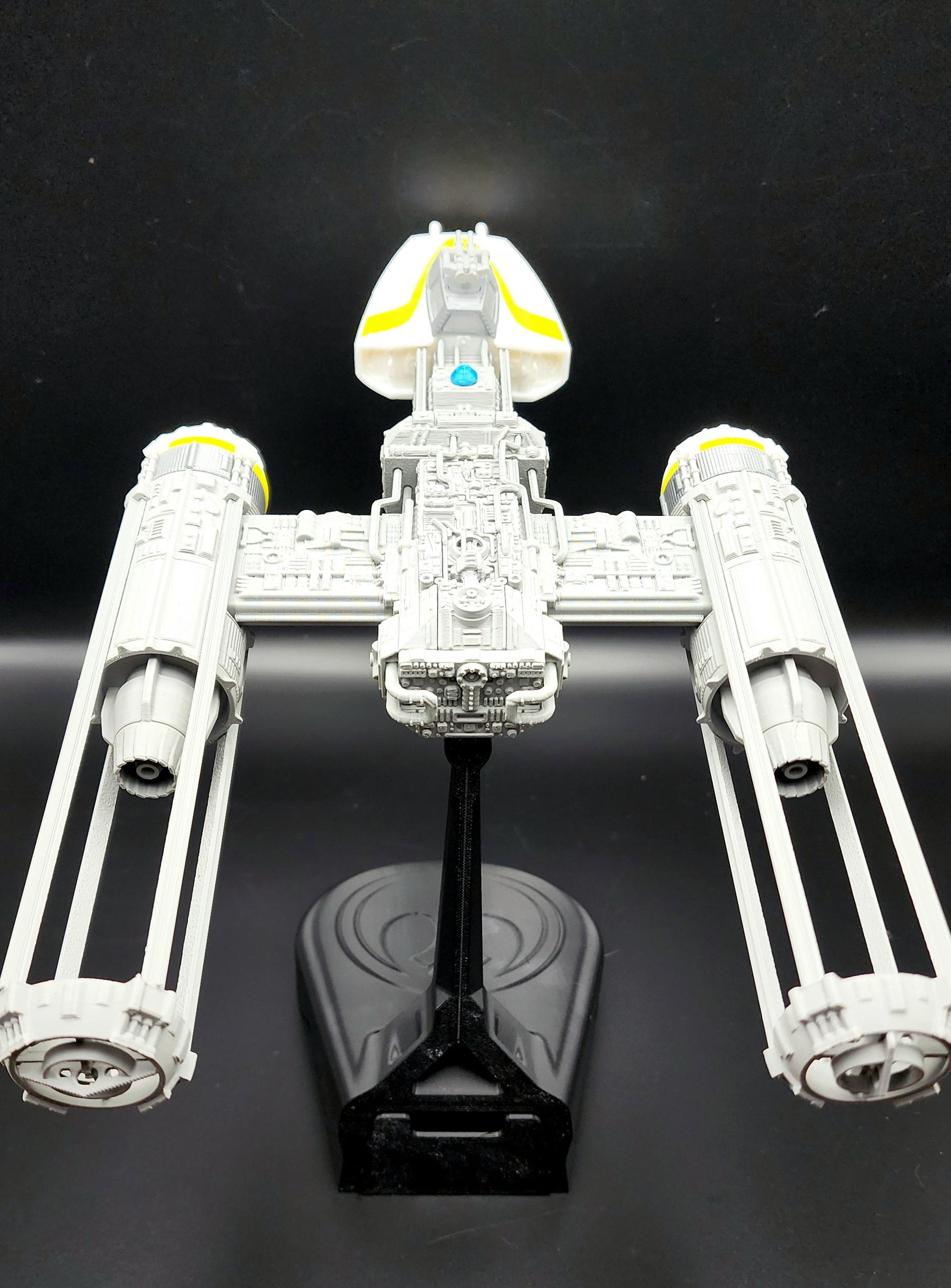 3D printed Y-Wing with custom stand from Star Wars. Action Figure, Desktop Decoration. Fan art.