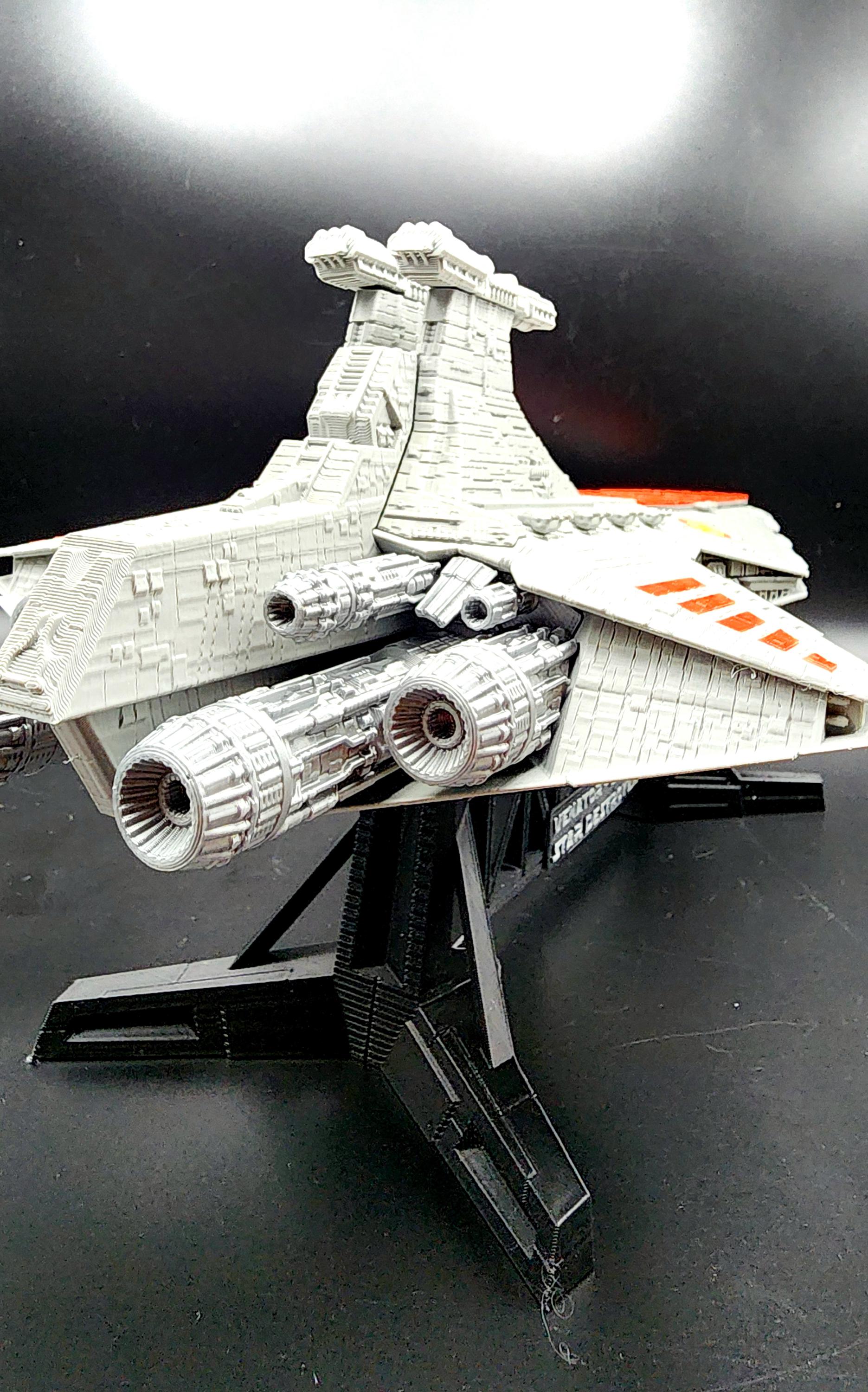 3D printed Venator Class Destroyer with matching display stand. Desktop Decoration, Ornament. Fan art.